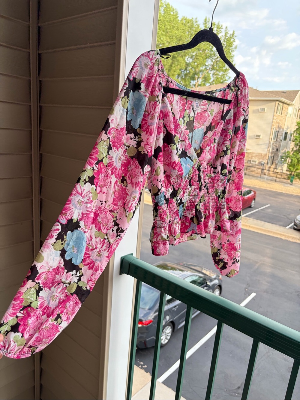 🆕🌺WAYF Floral Smocked Peplum Blouse XS Pink Blue Black Romantic Cottagecore Top - Picture 5 of 15